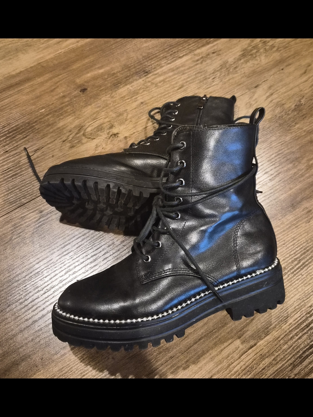 Black Leather Lace-Up Combat Boots with Chunky Lug Sole